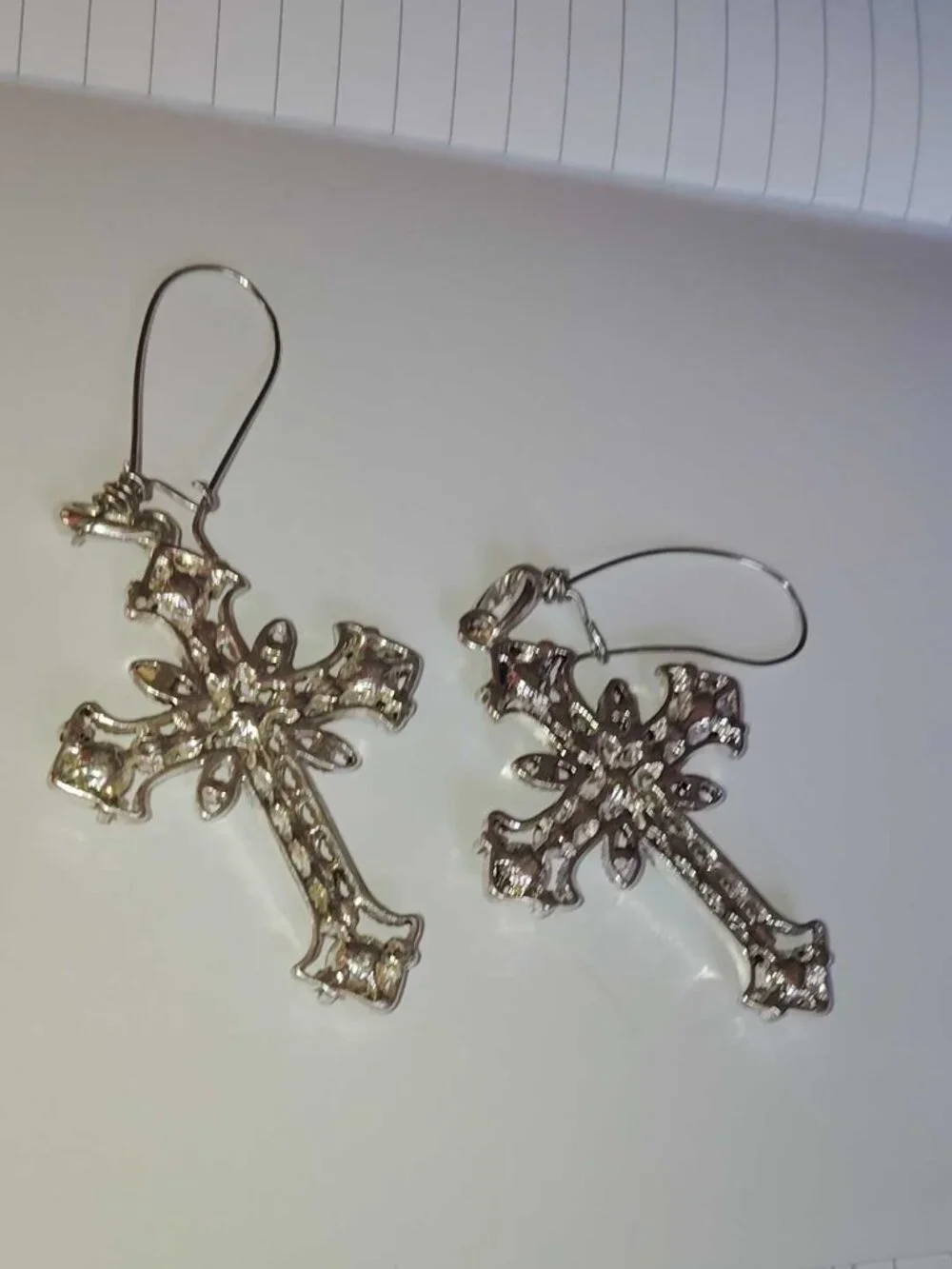 Upcycled Cross Earrings Silver tone with diamond like and purple rhinestones - Picture 6 of 7